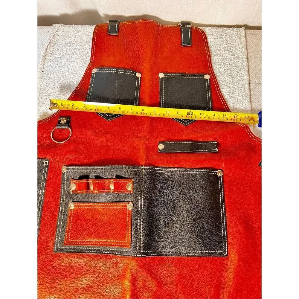 Hand Leather Cooking Work Apron in Brown & Black W White Topstitching Adjustable